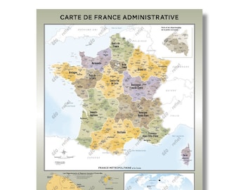 Topaze administrative map of France, poster size 60x80cm - delivered rolled in its case