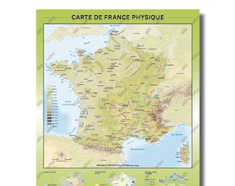 Relief and Hydrography Map of France - 60x80cm Poster - Delivered rolled in its case