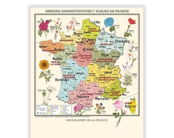 Carte des régions et fleurs de France format A1 (livrée pliée) + Set papeterie inclus