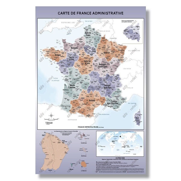 Carte de France administrative Aventurine Poster grand format A0