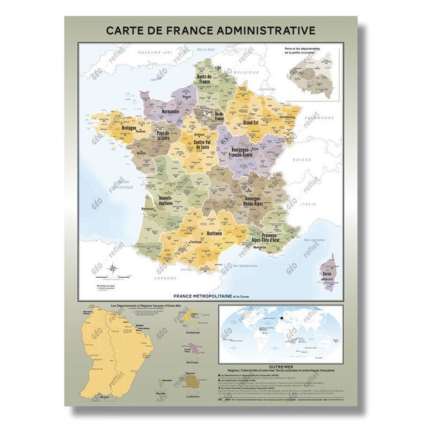 Carte de France administrative Topaze Affiche 60x80cm