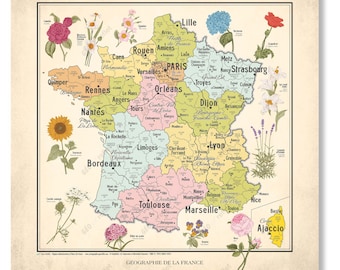 Map of the regions and flowers of France, 50x50cm format