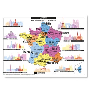 Carte des Villes touristiques et Monuments de France Affiche 50x70cm