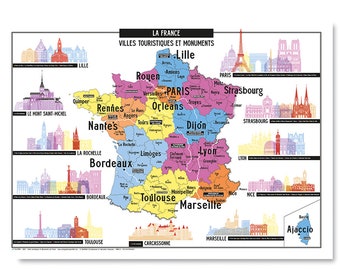 Map of Tourist Cities and Monuments of France - 50x70cm Poster - Delivered rolled in its case