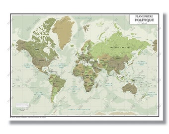 Green World Map Poster, laminated, A0 size (118x84cm) - delivered rolled in its case