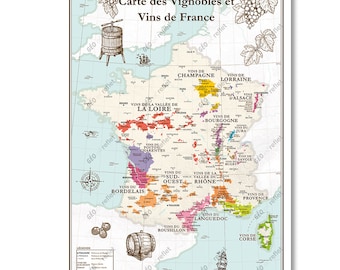Carte des Vignobles et Vins de France Affiche 50x70cm
