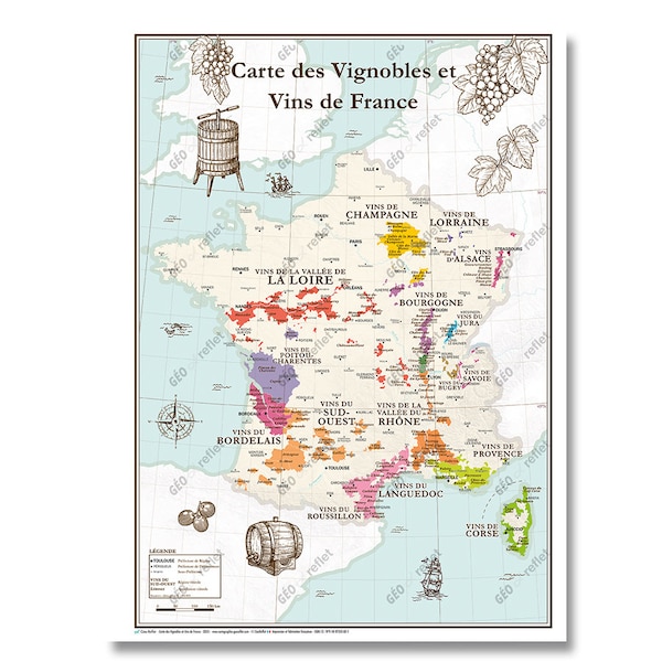 Carte des Vignobles et Vins de France Affiche 50x70cm