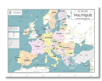 Carte Europe politique et Union Européenne Affiche 80×60 cm
