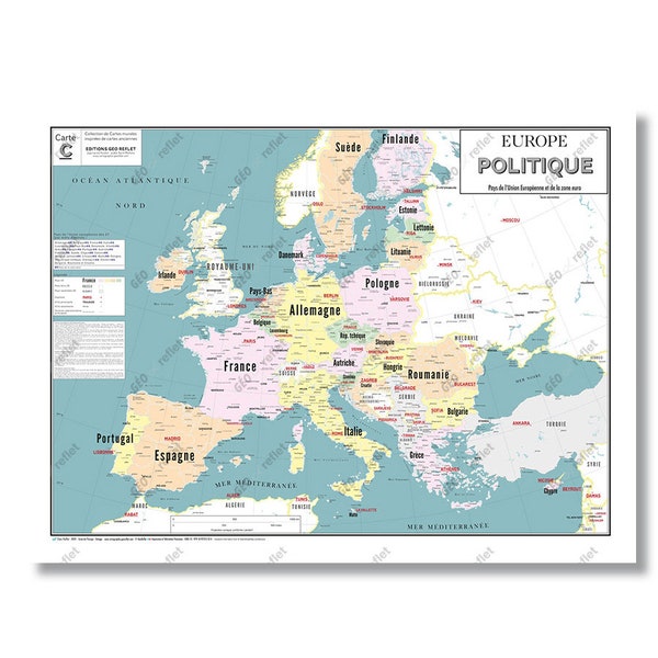 Carte Europe politique et Union Européenne Affiche 80×60 cm