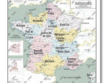 Carte de France des régions Affiche 70x70cm