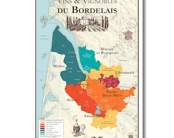 Carte des Vins de Bordeaux et Vignobles du Bordelais - Affiche A2