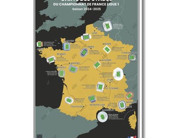 Map of French Ligue 1 Football Stadiums: 2024-2025 Season - 50x70cm Poster