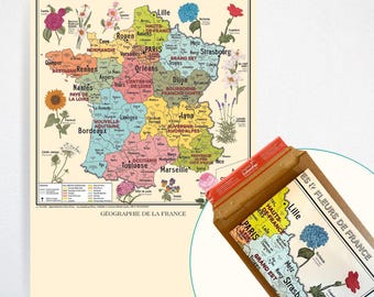 Map of the regions and flowers of France, A1 format (delivered folded) + Stationery set included