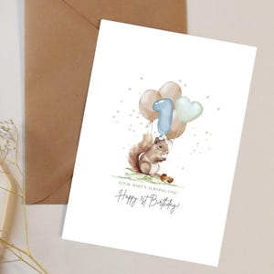 Cartão de aniversário digital, cartão digital dobrável 5*7, cartão de esquilo em aquarela, cartão de aniversário para impressão, download instantâneo, cartão de feliz aniversário de 1 ano