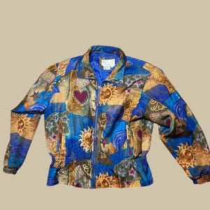 1980s silk bomber jacket petite sophisticate sun and moon print abstract design print all over . zip up jacket .