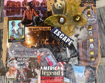 Artemis Gates 2026 “Get the Rap Mask ” Collage | Handmade Mixed Media Art, Recycled Magazine Cutouts, Vintage Ephemera Wall Decor