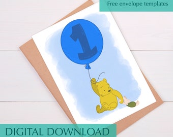 Winnie the Pooh First Birthday Card: Classic Printable (Digital Download)