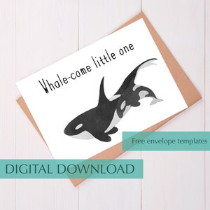 Tarjeta para baby shower con forma de orca, linda orca, tarjeta para recién nacido, regalo para mamá y bebé, tarjeta para bebé recién nacido, tarjeta imprimible para baby shower, felicitaciones para bebé