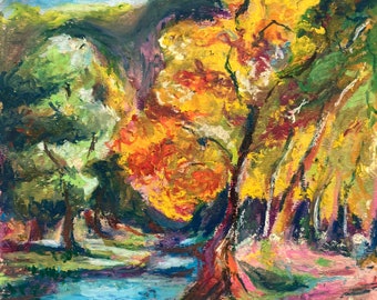 Arbres d'automne, peinture faite main, pastel à l'huile, paysage impressionniste, 30,5 x 30,5 cm