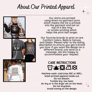 May include: Informational graphic about printed apparel, featuring text and images of shirts. The text explains the printing process, favorite brands, and care instructions. Includes images of shirts with various designs.