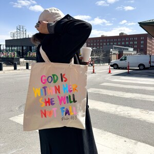 Christian Cotton Canvas Tote Bag - God is Within Her - Christian Woman Gift Bag, new christian gift Bag, Bible bag, christian mom gift