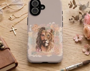 May include: A light beige smartphone case featuring a dual-image illustration of a human face on the left and a lion face on the right, surrounded by soft-toned floral patterns. The case has a black camera cutout at the top left corner.