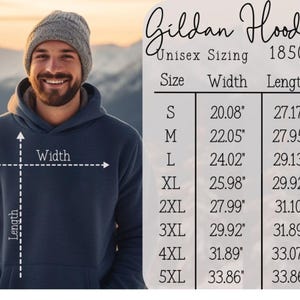 May include: A navy blue Gildan hoodie with a size chart. The chart lists sizes S to 5XL, with widths ranging from 20.08 inches to 33.86 inches and lengths from 27.17 inches to 33.86 inches. The hoodie is unisex.