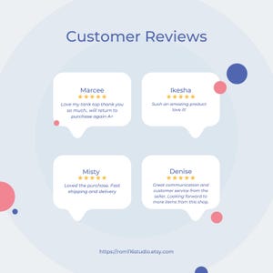 May include: A graphic displaying customer reviews with star ratings and testimonials. The reviews are in speech bubbles against a light blue background. The text includes phrases like "Love my tank top" and "Great communication". The Etsy shop URL is also visible.