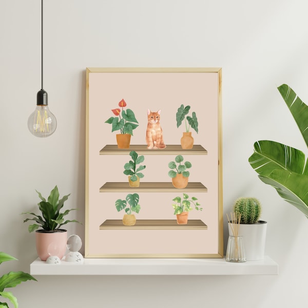 Custom Cats and House Plants Print, DIGITAL DOWNLOAD, Printable Wall Art