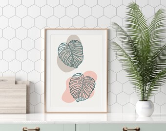 Monstera Leaf Line Art Print, Tropical Wall Decor (Digital Download)