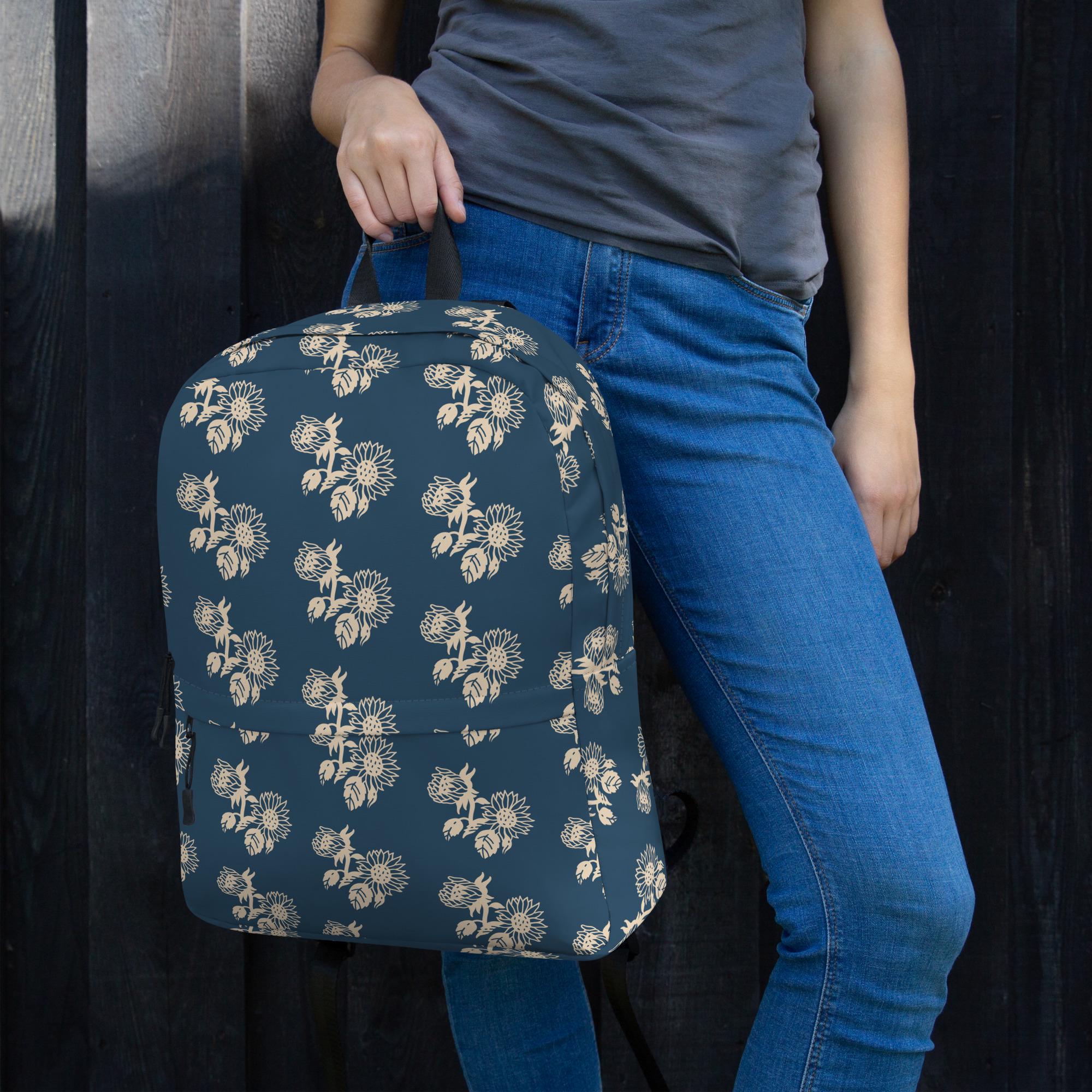 Navy Blue Backpack With Cream Sunflower Design | Stylish  display picture 1