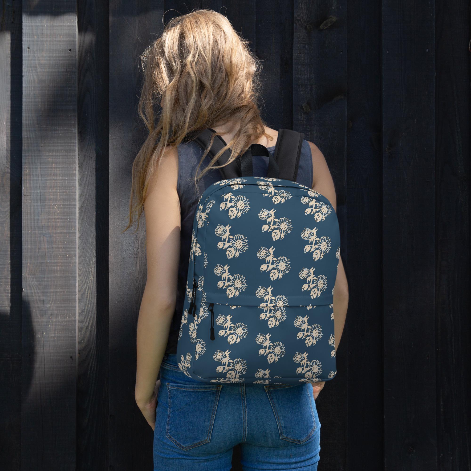 Navy Blue Backpack With Cream Sunflower Design | Stylish 