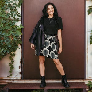 Skater Skirt with Black and White Flowers (Black)