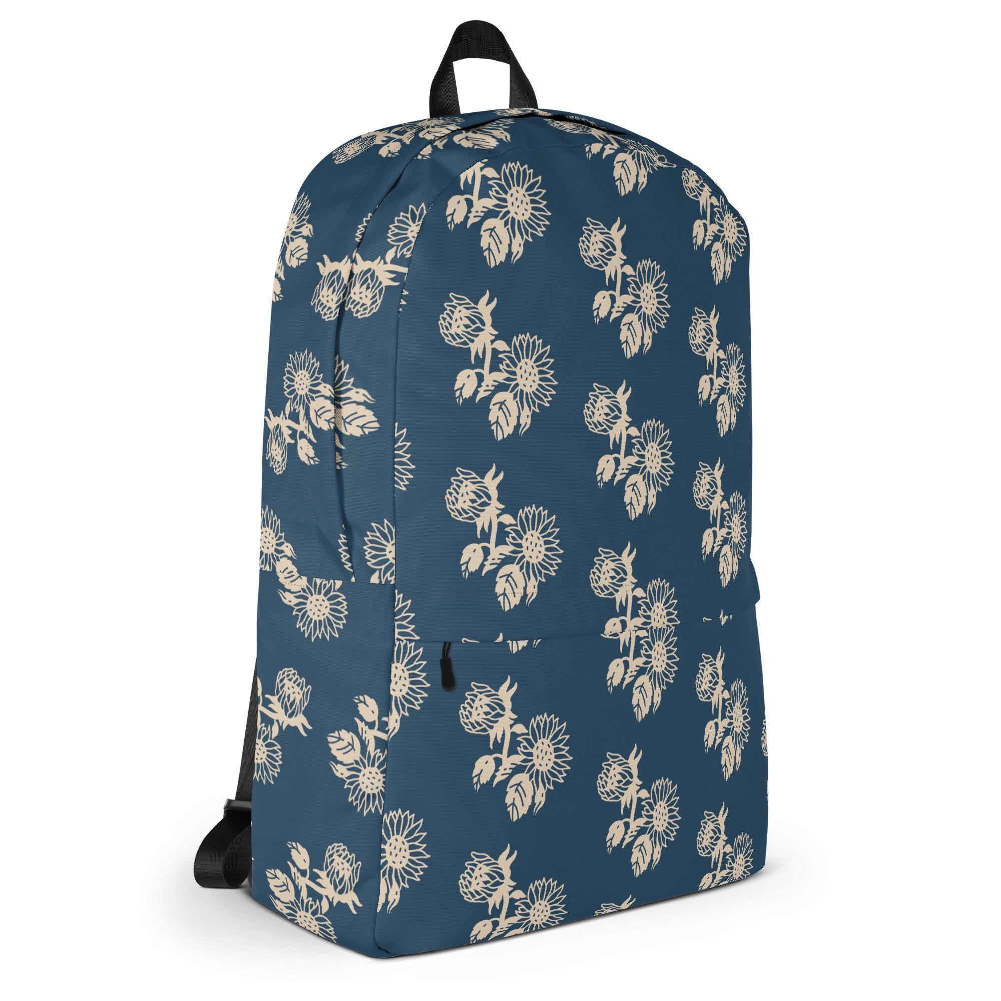 Universal Cream Backpack with Navy & Yellow Lining Navy Blue Backpack With Cream Sunflower Design | Stylish  main image 3