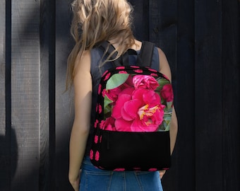 Pink and Black Floral Backpack for Teen Girls, Aesthetic  display picture 3