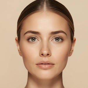 Op de afbeelding: Een close-up portret van een persoon met een lichte huid, bruin haar dat is vastgebonden en een neutrale uitdrukking. De persoon heeft gedefinieerde wenkbrauwen, lange wimpers en een subtiele blos op de wangen. De achtergrond is effen lichtbeige.