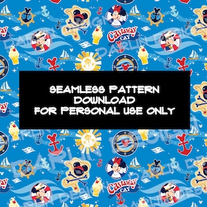 May include: A seamless digital pattern on a blue background featuring Mickey and Minnie Mouse, Castaway Cay text, pirate maps, anchors, sailboats, suns, and ice cream cones. The center contains a black rectangle with white text: SEAMLESS PATTERN DOWNLOAD FOR PERSONAL USE ONLY.