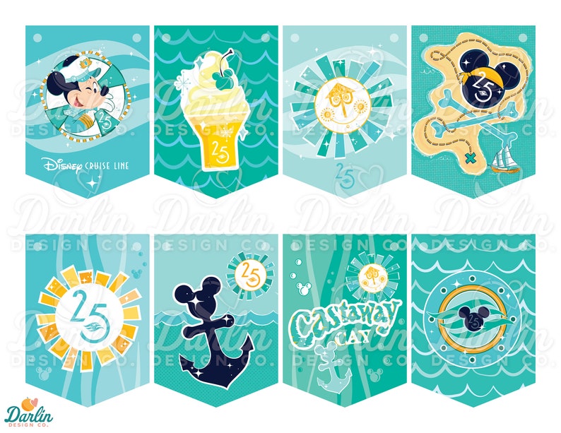 Puede incluir: Ocho banderas de pancarta imprimibles con im&aacute;genes de Mickey Mouse y Disney Cruise Line. Las banderas son azules, verdes y amarillas con un tema n&aacute;utico. El texto en las banderas dice "Disney Cruise Line" y "Castaway Cay".