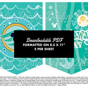 Puede incluir: Conjunto de pancartas PDF imprimibles con un fondo azul turquesa, olas blancas, un ancla amarilla y una br&uacute;jula amarilla y azul. El texto "Downloadable PDF Formatted on 8.5 x 11" y "2 per sheet" est&aacute; impreso en negro.
