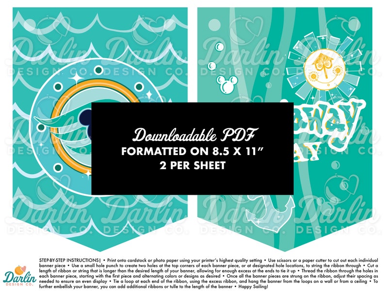 Puede incluir: Conjunto de pancartas PDF imprimibles con un fondo azul turquesa, olas blancas, un ancla amarilla y una br&uacute;jula amarilla y azul. El texto "Downloadable PDF Formatted on 8.5 x 11" y "2 per sheet" est&aacute; impreso en negro.