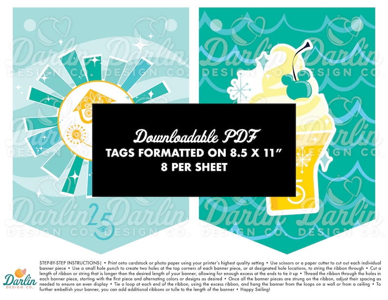 Puede incluir: Etiquetas imprimibles de 8,5 x 11 pulgadas con un dise&ntilde;o de sol amarillo y azul y un dise&ntilde;o de cono de helado amarillo y blanco. El texto "Downloadable PDF" y "TAGS FORMATTED ON 8.5 X 11" est&aacute; impreso en negro sobre fondo blanco. El texto "8 PER SHEET" est&aacute; impreso en negro sobre fondo blanco.