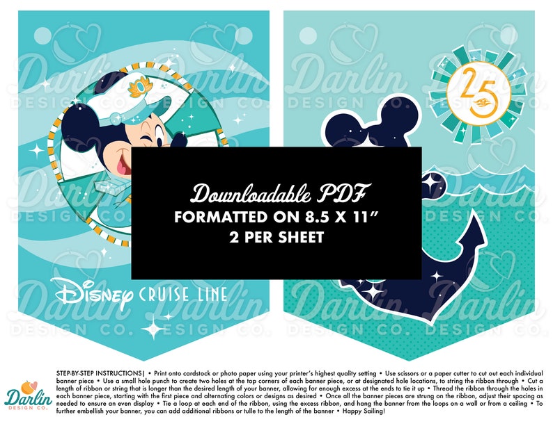 Puede incluir: Banner imprimible de Disney Cruise Line con Mickey Mouse vestido de capit&aacute;n con una camisa a rayas azules y blancas, un gorro de capit&aacute;n rojo y blanco y un ancla azul. El banner est&aacute; formateado para papel de 8,5 x 11 pulgadas e incluye instrucciones de montaje.
