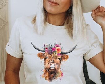 Camisa floral de vaca de las Tierras Altas: camiseta de rodeo occidental, regalo para amantes de las vacas