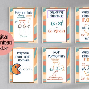 Set of 6 Polynomials Math Classroom Posters, Retro Math Posters, High School Math, Classroom, Maths Polynomials Poster, INSTANT DOWNLOAD,
