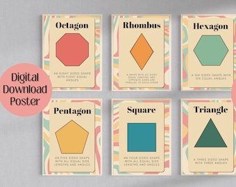 Set 8 Geometric Shapes Classroom Posters, Retro Math Posters, Kids Math, Classroom Poster, Shapes Poster, INSTANT DOWNLOAD, Geometry, PNG,