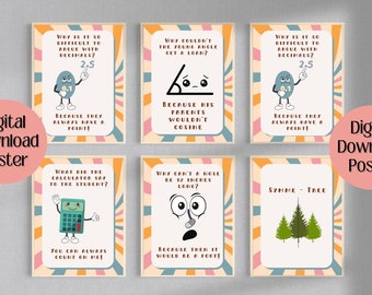 Set of 6 Cute Funny Classroom Posters, Retro Math Posters, High School Math Poster, Math Jokes, Classroom Decor, Printable INSTANT DOWNLOAD,