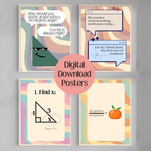 Set of 4 Trigonometry Math Classroom Posters, Retro Math Posters, Funny Math Posters, Math Jokes, Classroom Decor, INSTANT DOWNLOAD,