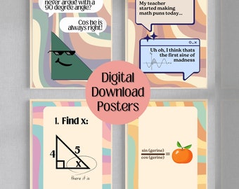 Set of 4 Trigonometry Math Classroom Posters, Retro Math Posters, Funny Math Posters, Math Jokes, Classroom Decor, INSTANT DOWNLOAD,