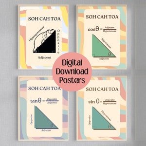 Set of 4 SOHCAHTOA Trigonometry Math Classroom Posters, Retro Math Posters, High School Math, Classroom Decor, INSTANT DOWNLOAD,