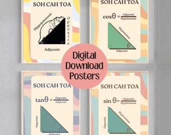 Set of 4 SOHCAHTOA Trigonometry Math Classroom Posters, Retro Math Posters, High School Math, Classroom Decor, INSTANT DOWNLOAD,